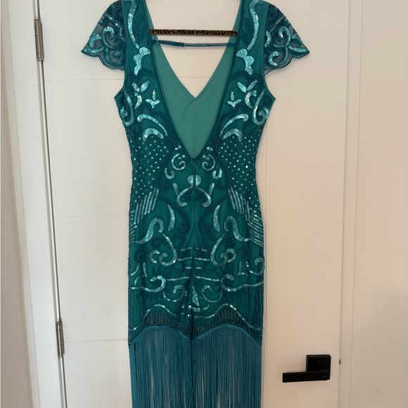 Unique Vintage 1920s Emerald Green Flapper Dress - Picture 3 of 4